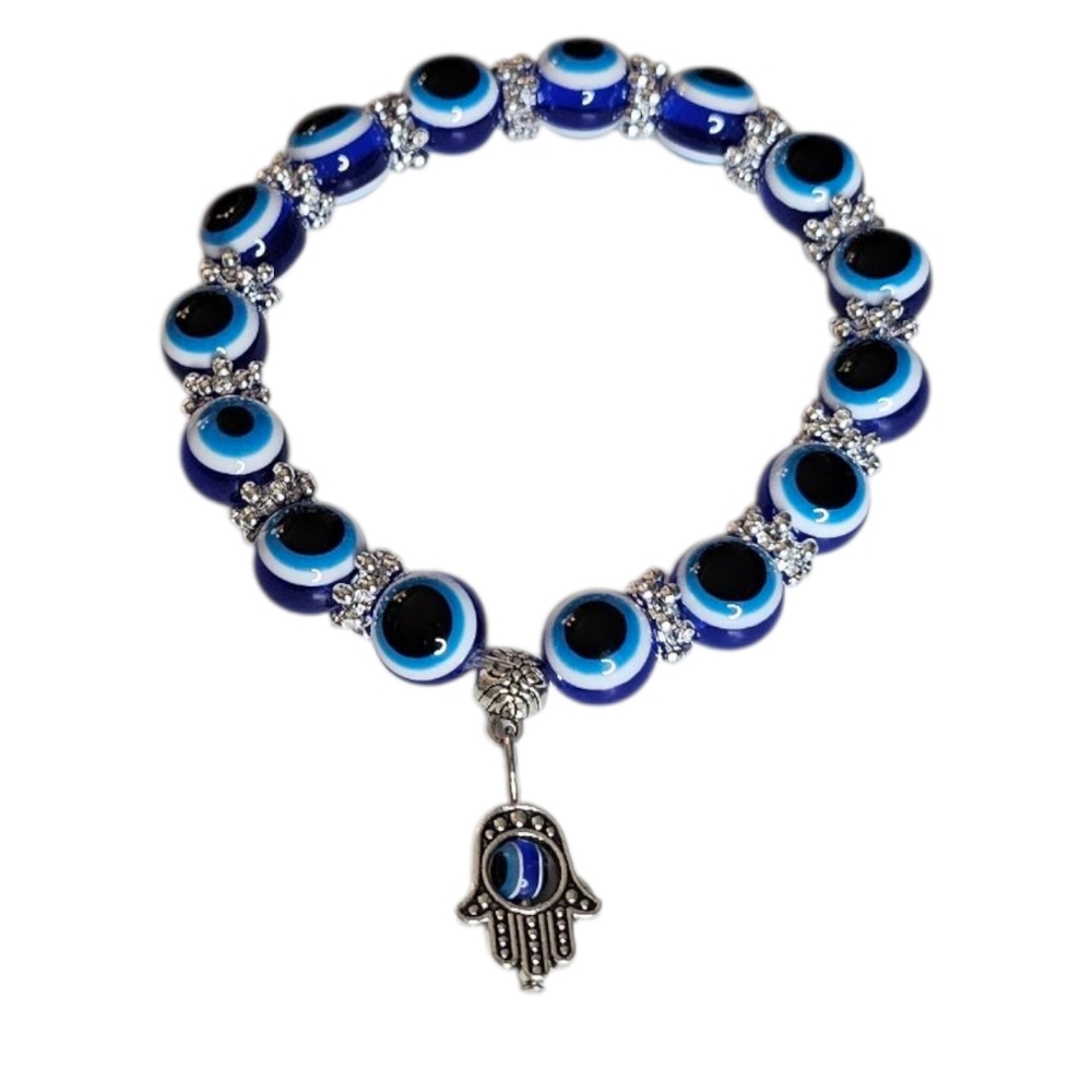 Blue Evil Eye Bracelet Silver Accents w Spinning Evil Eye in Hamsa Hand Charm